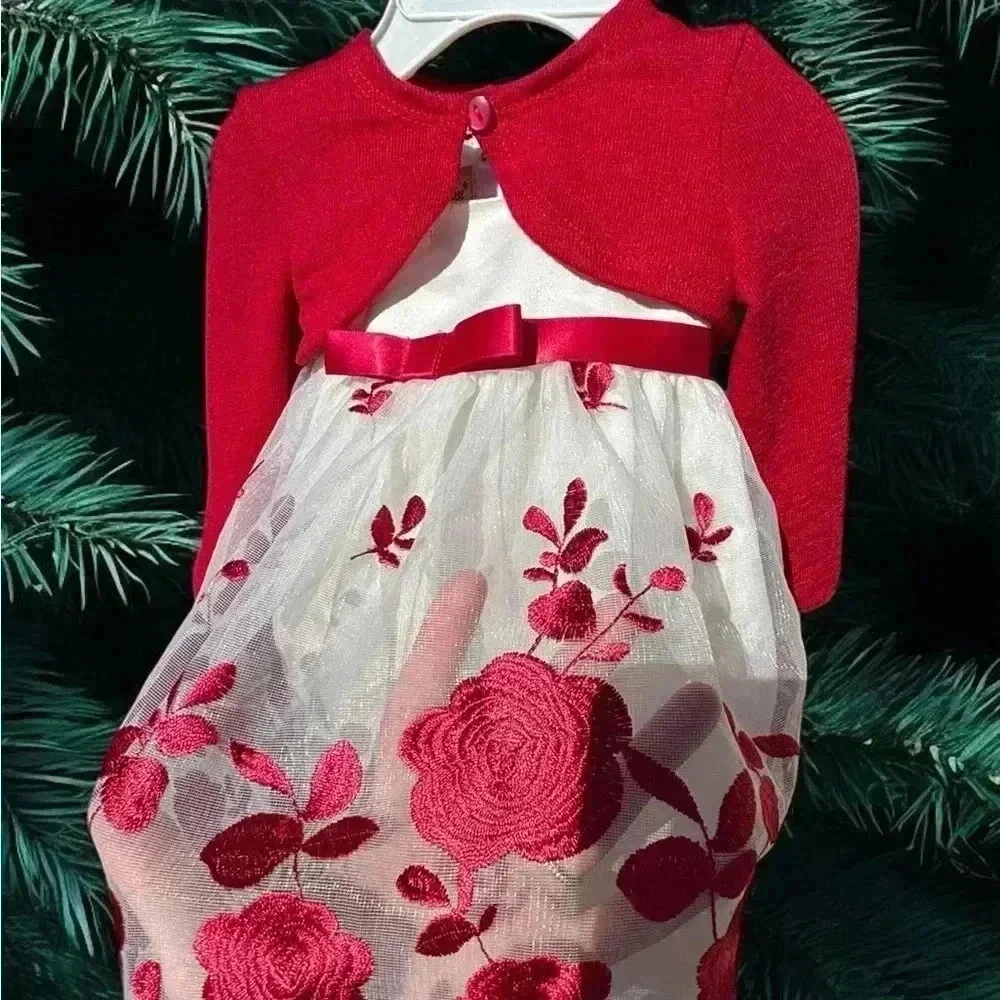 3-6mo Embroidered Christmas white and red Purple&Rose dress. Dsct w bundle.